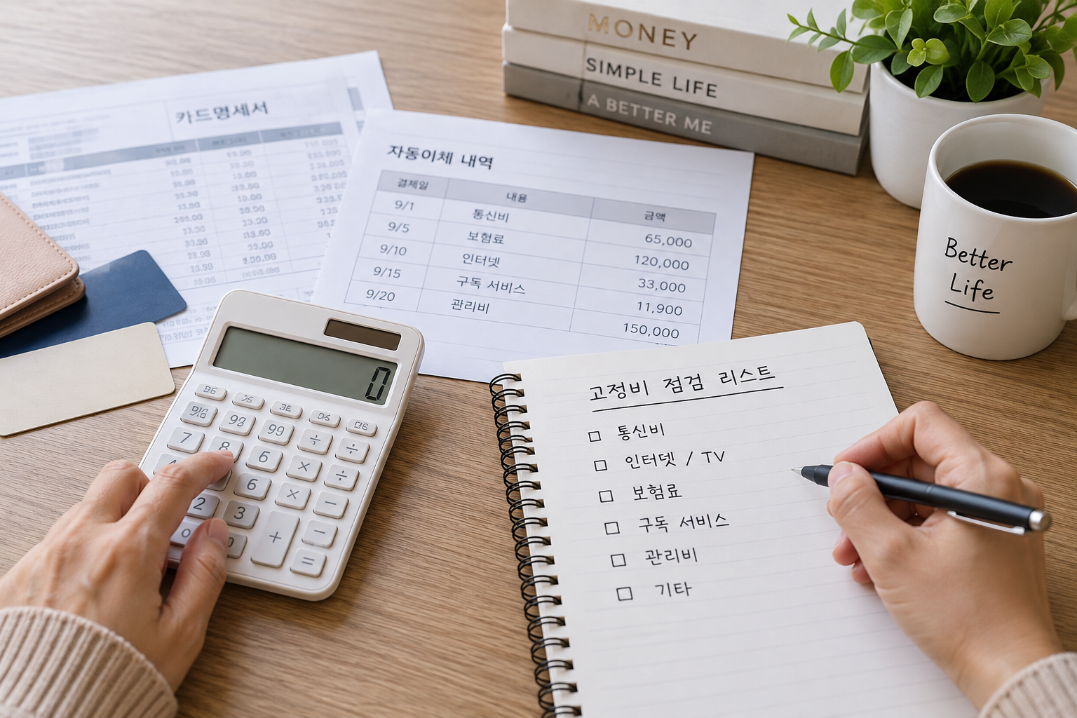 매달 나가는 고정비와 생활비를 정리하는 모습