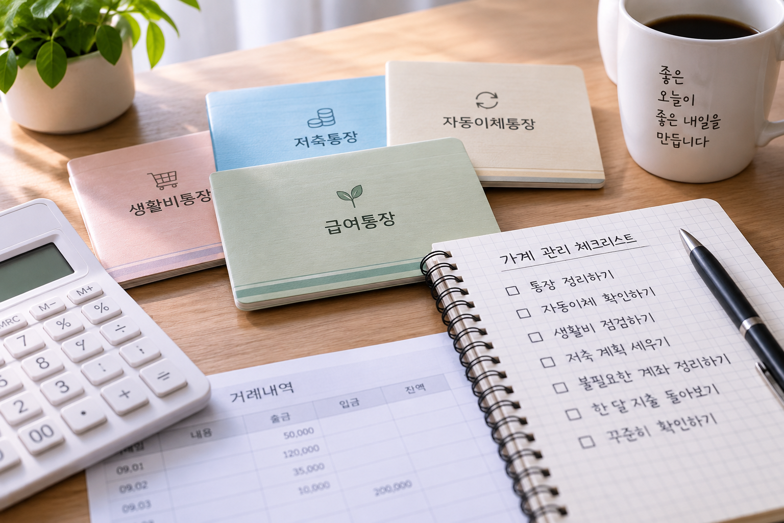 월급이 들어온 뒤 생활비 사용 순서를 정리하는 모습모습