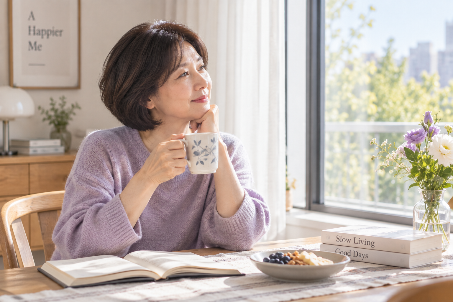 창가에서 여유롭게 아침 시간을 보내는 중년의 모습